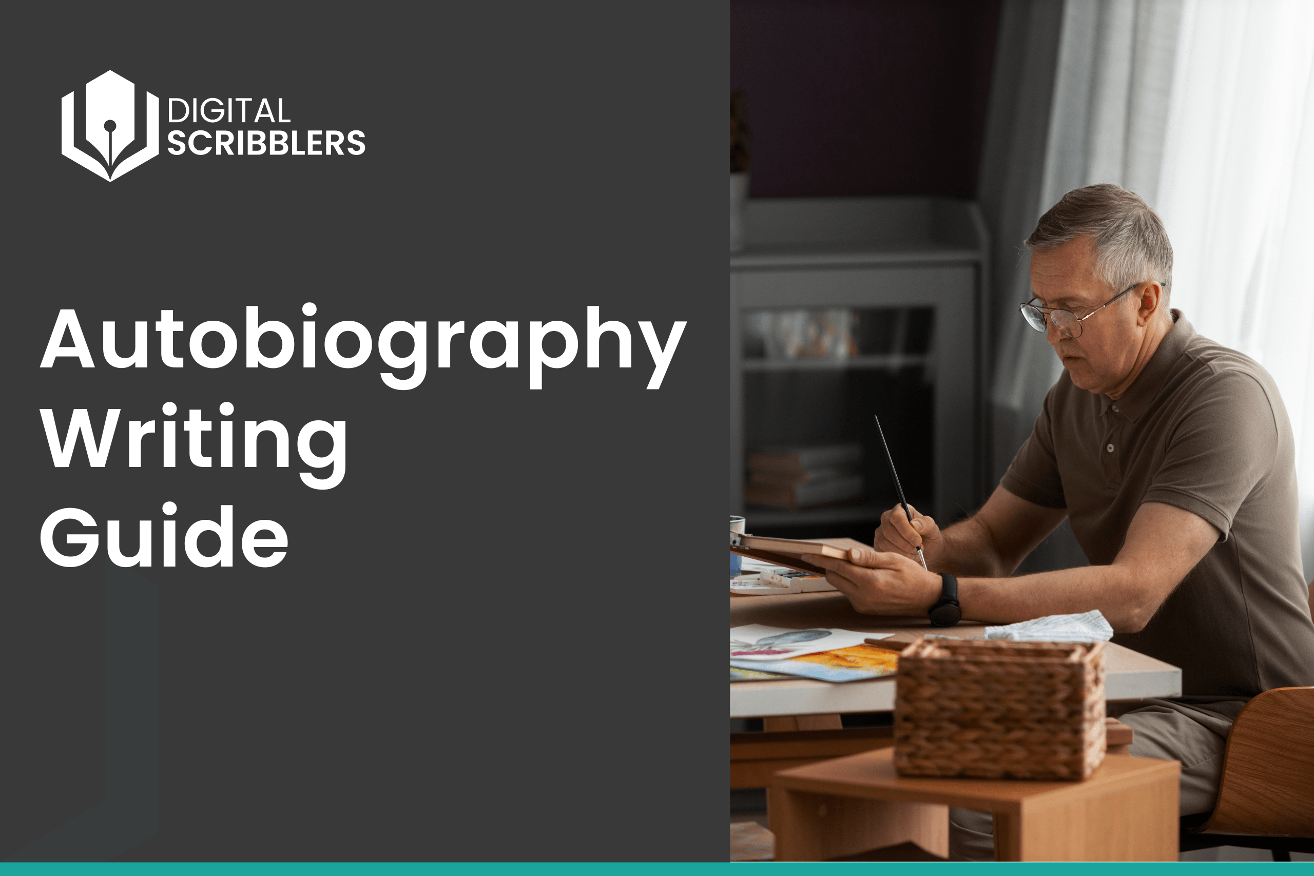 man learning how to write an autobiography while organizing personal photos and memories at home desk