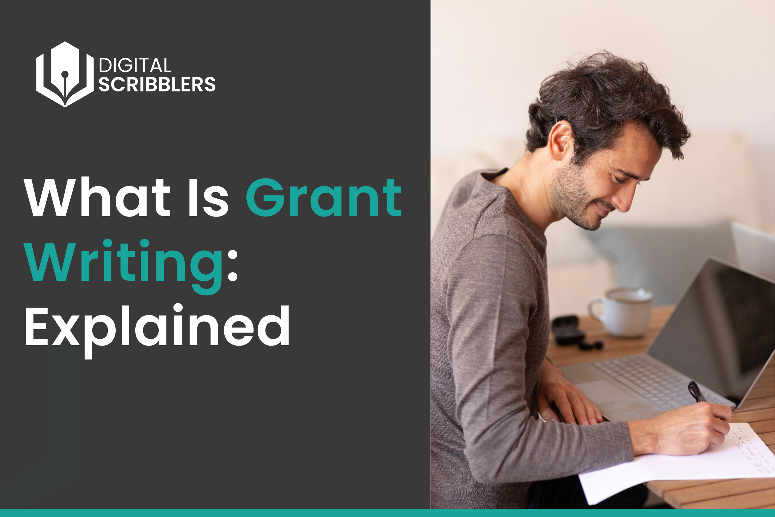 An office personnel writing grant application documents at desk with laptop and paperwork in modern office setting.