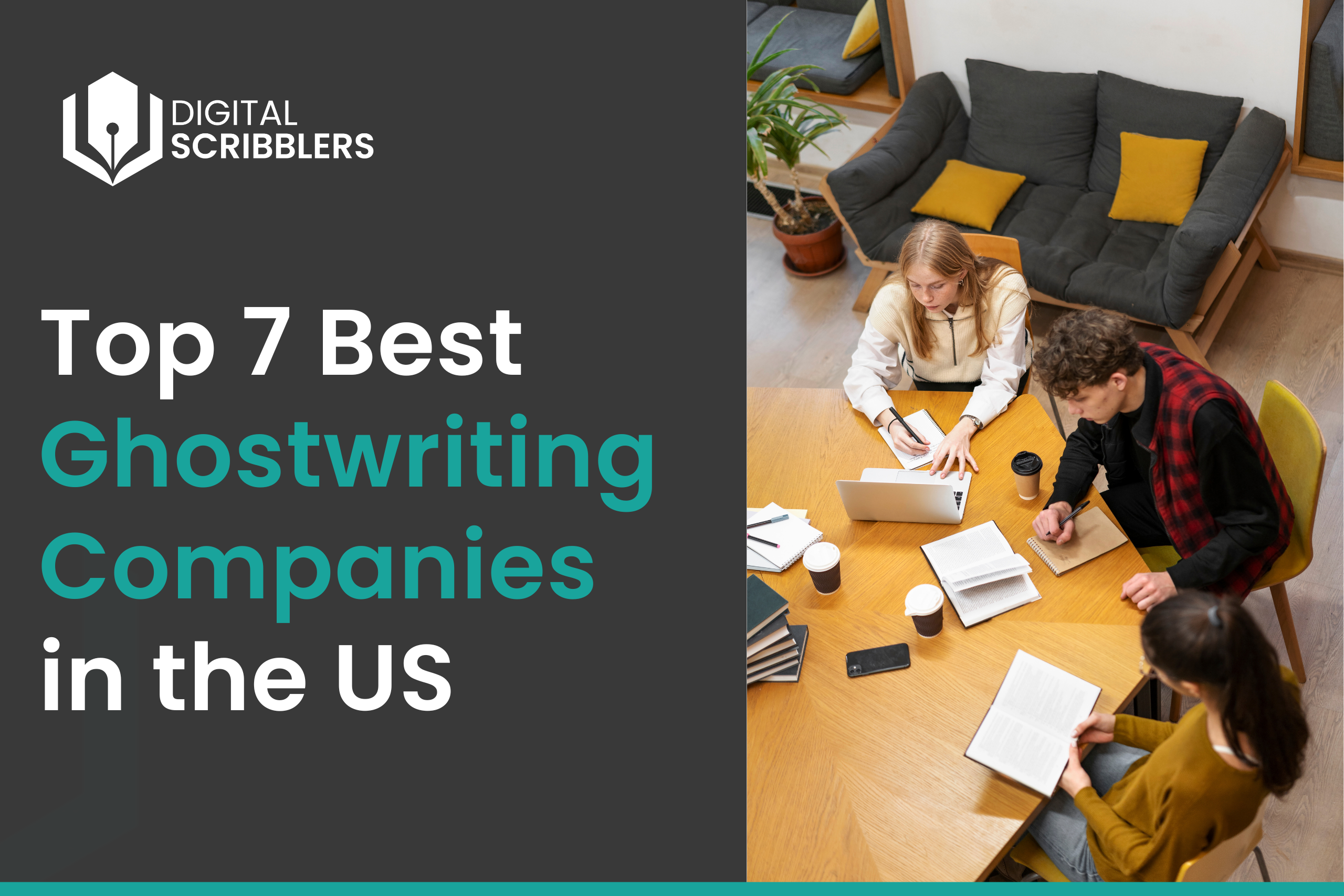 Team of professional writers collaborating at best ghostwriting companies in the US