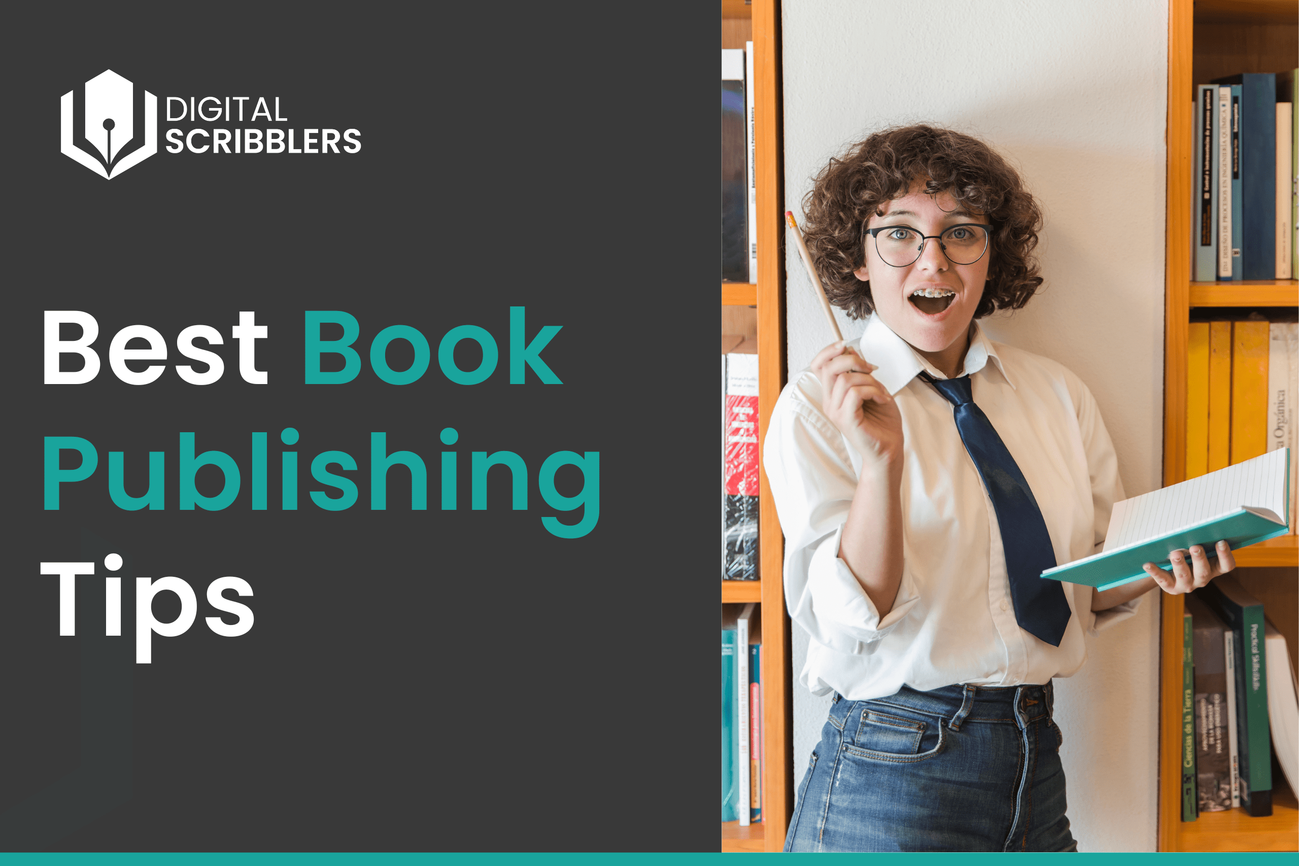 Author choosing best book publishing method while reading books in professional library setting