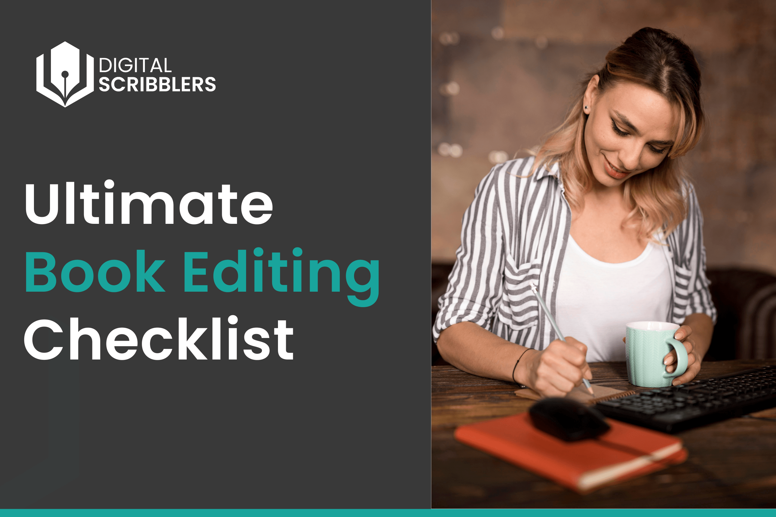 Book editing checklist with author working on manuscript at desk
