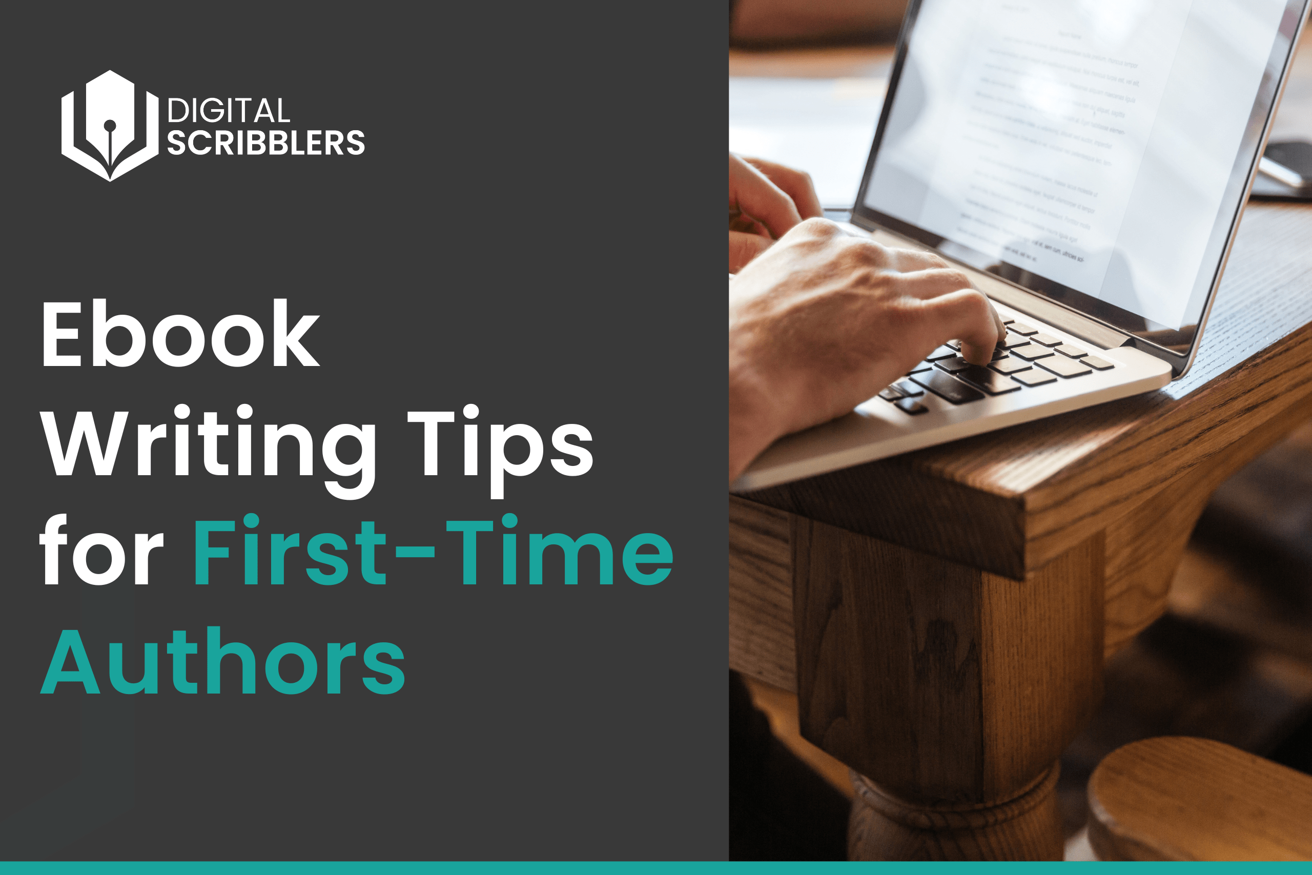 Author writing content on a laptop with hands on keyboard at home office desk