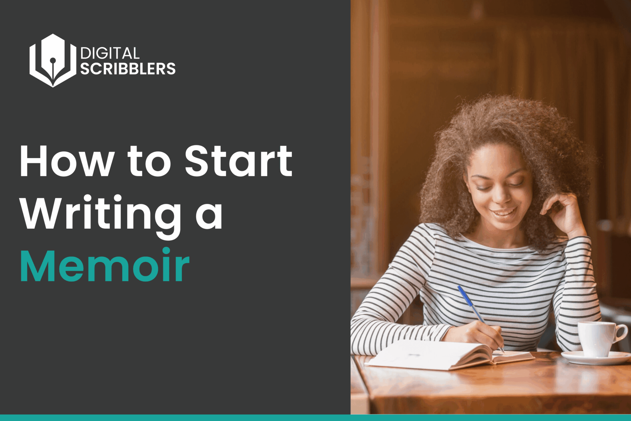 Woman smiling as she writes in a notebook with a coffee cup beside her.