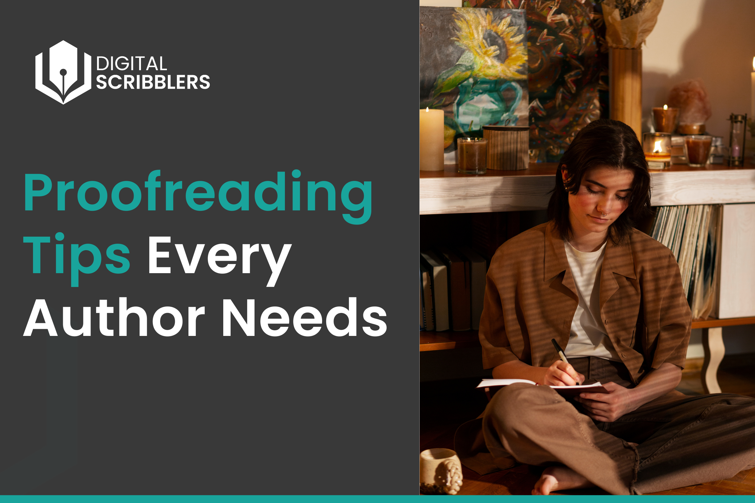 A woman writing in a notebook while sitting cross-legged on the floor.