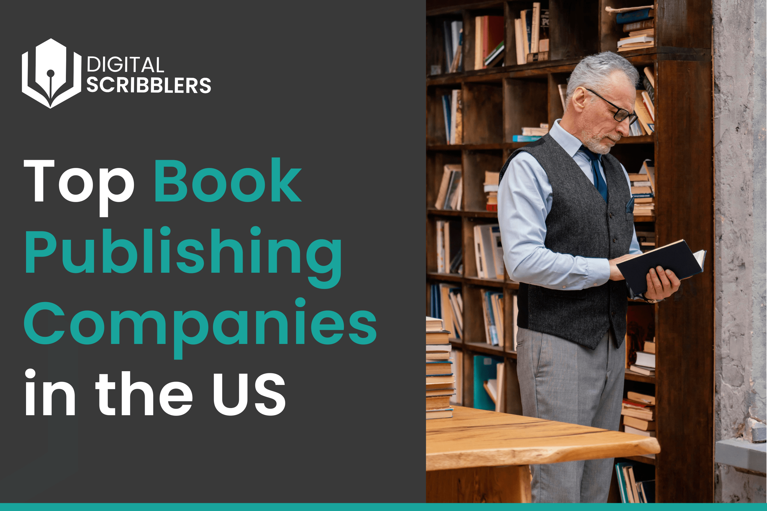 A well-dressed, older gentleman thoughtfully reading a book inside a large, professional library