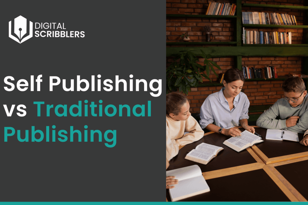 Group of people reading and discussing books in a library setting, representing the concept of self publishing vs traditional publishing.