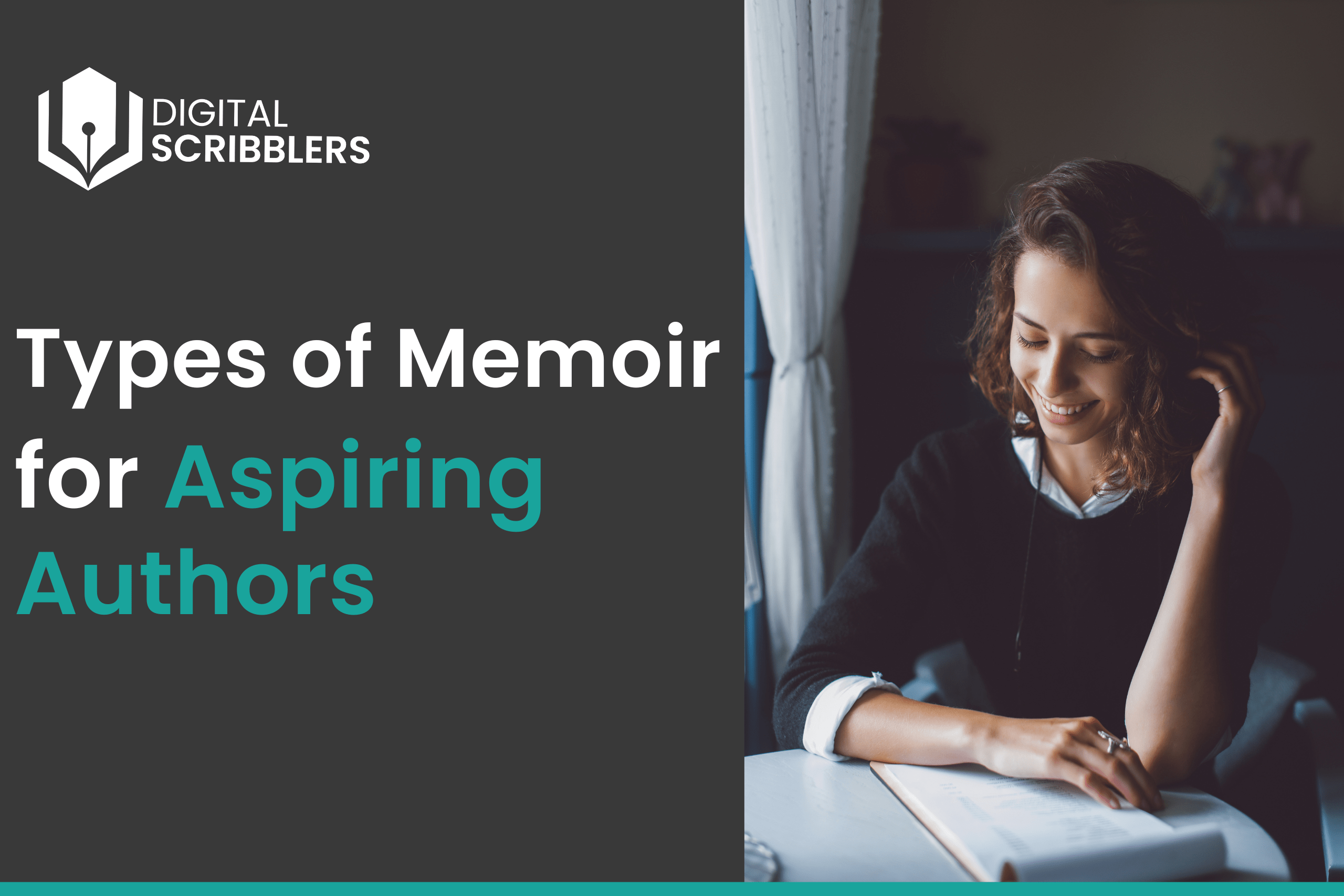 American woman smiling while writing at a desk, learning about different types of memoir