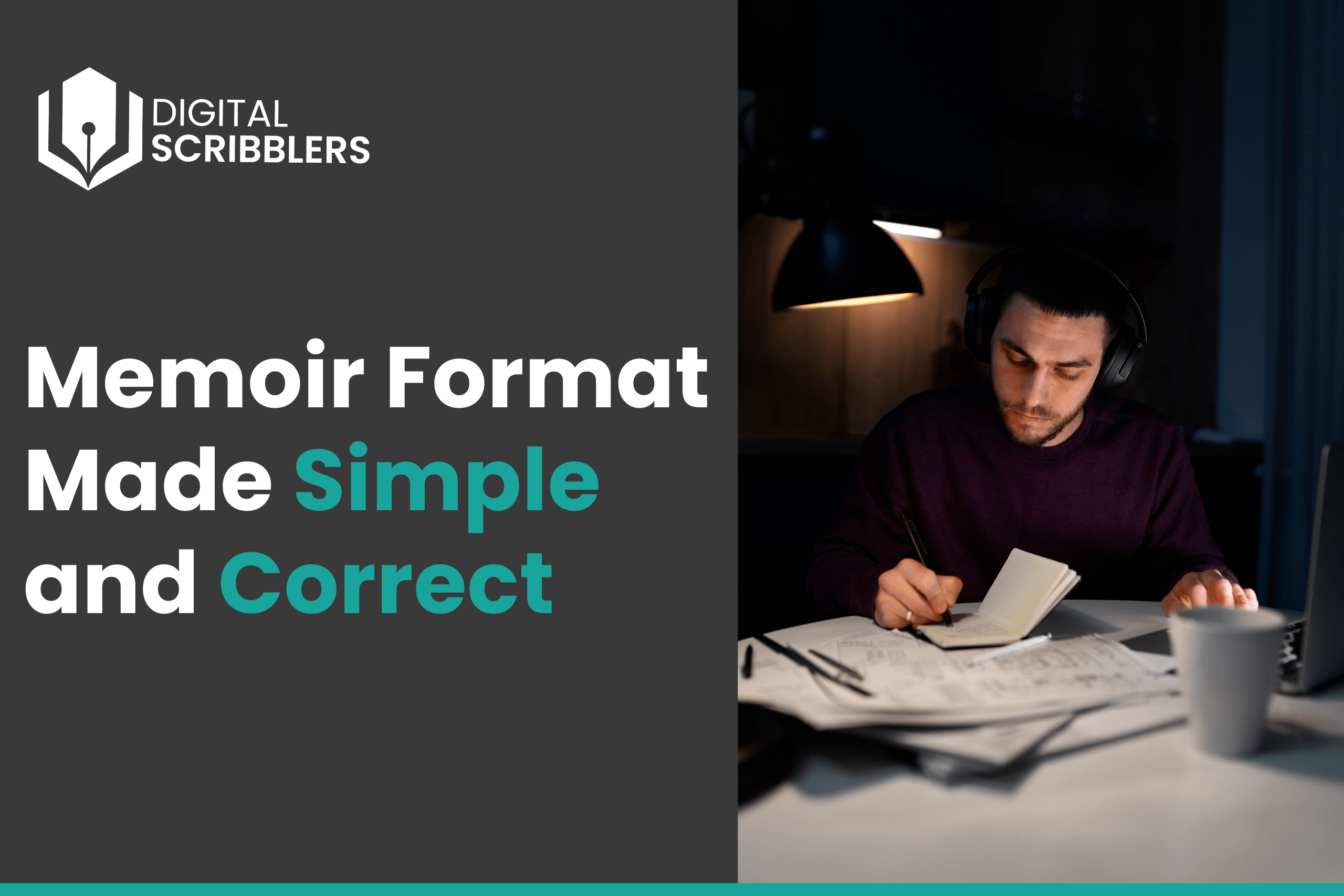 A focused writer sitting at a desk at night, taking notes and working on structuring a memoir, highlighting the idea of making memoir format simple and correct.