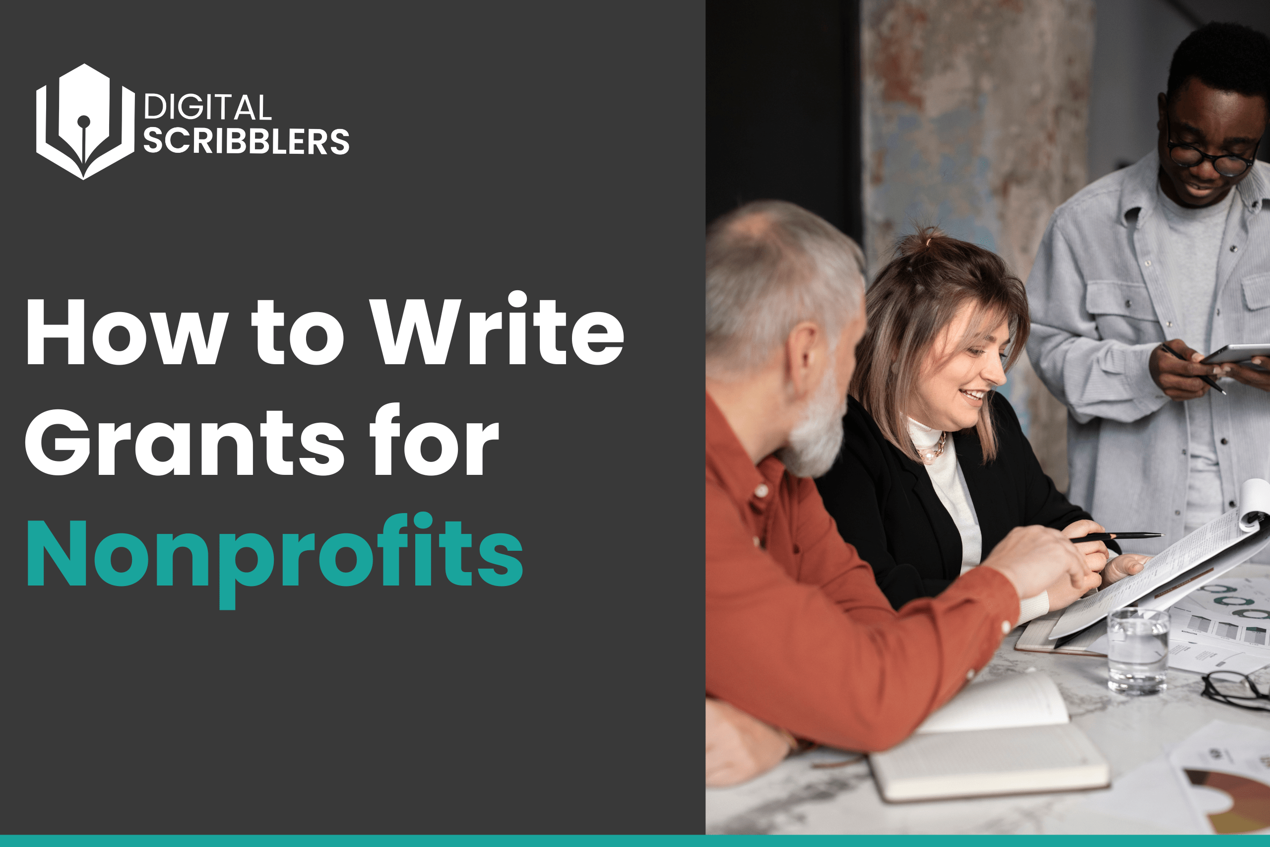 American nonprofit team collaborating at a table, reviewing documents and discussing a grant proposal.