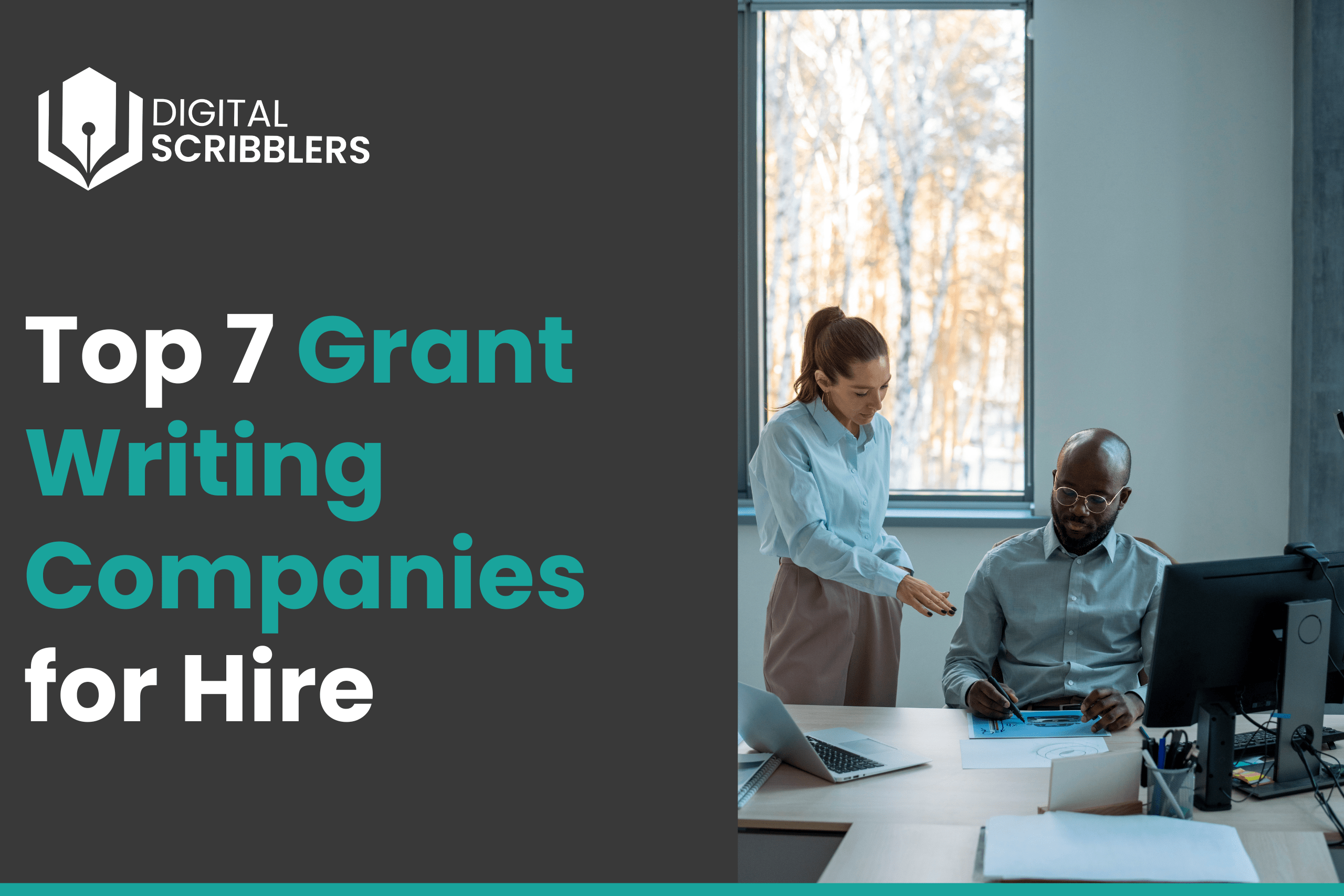 American professionals discussing documents in a modern office while reviewing a grant proposal.