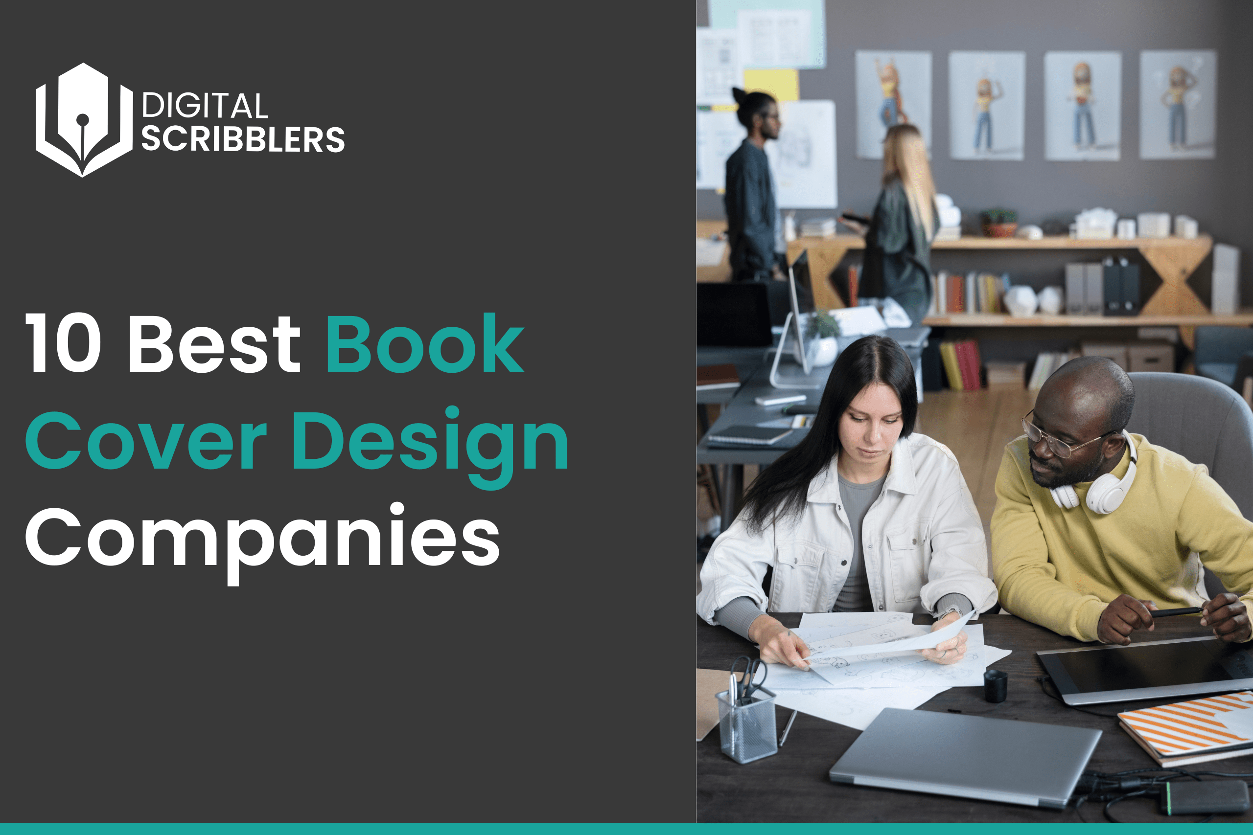 Two book cover designers working together at a desk while reviewing design sketches