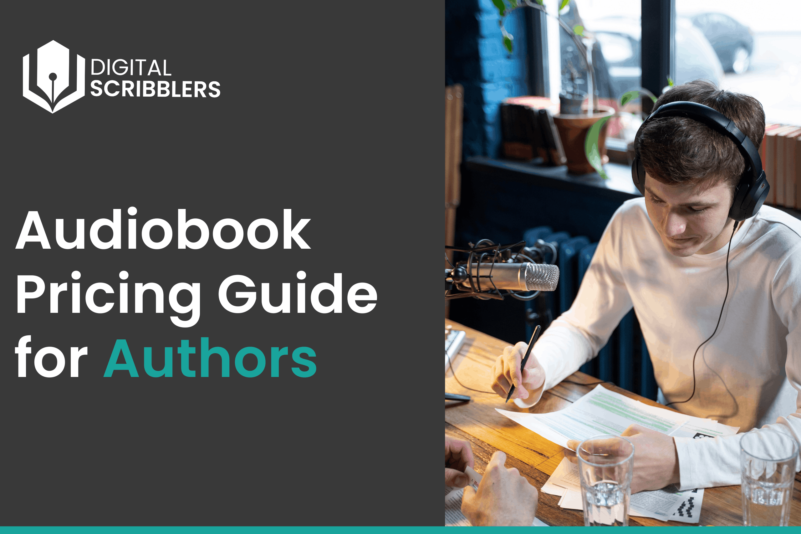 An author reviewing notes while recording an audiobook at a desk with a microphone and headphones.