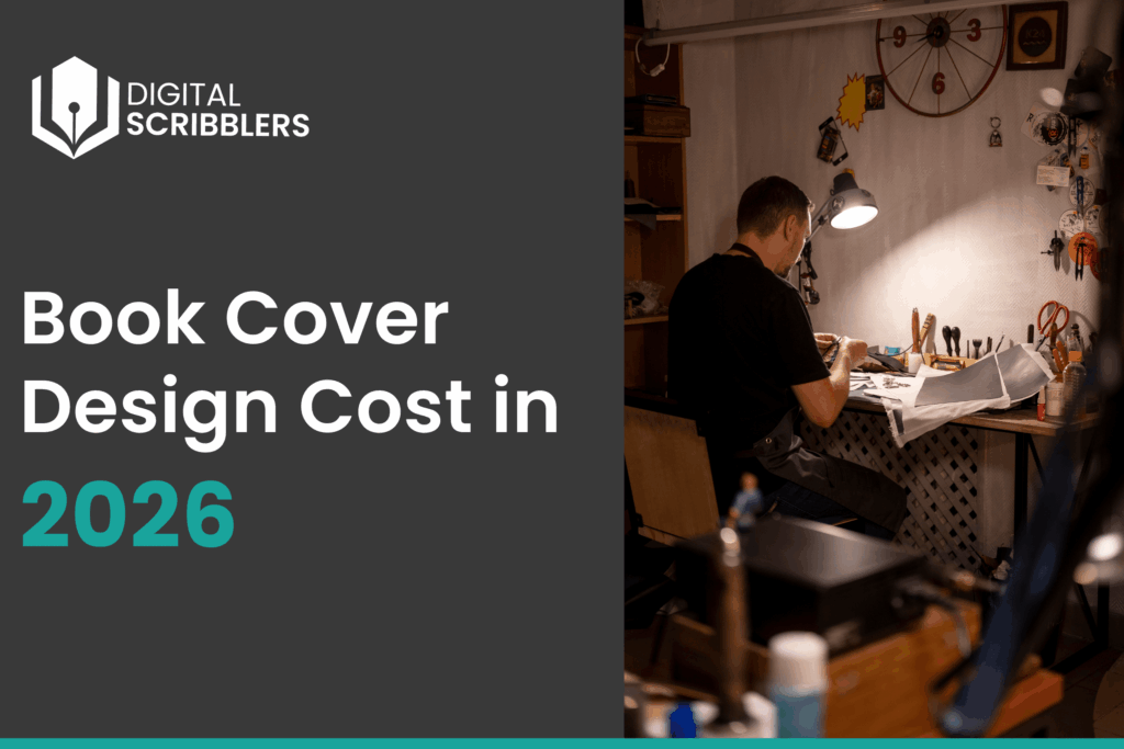 A designer working at a desk under a lamp, creating a book cover design