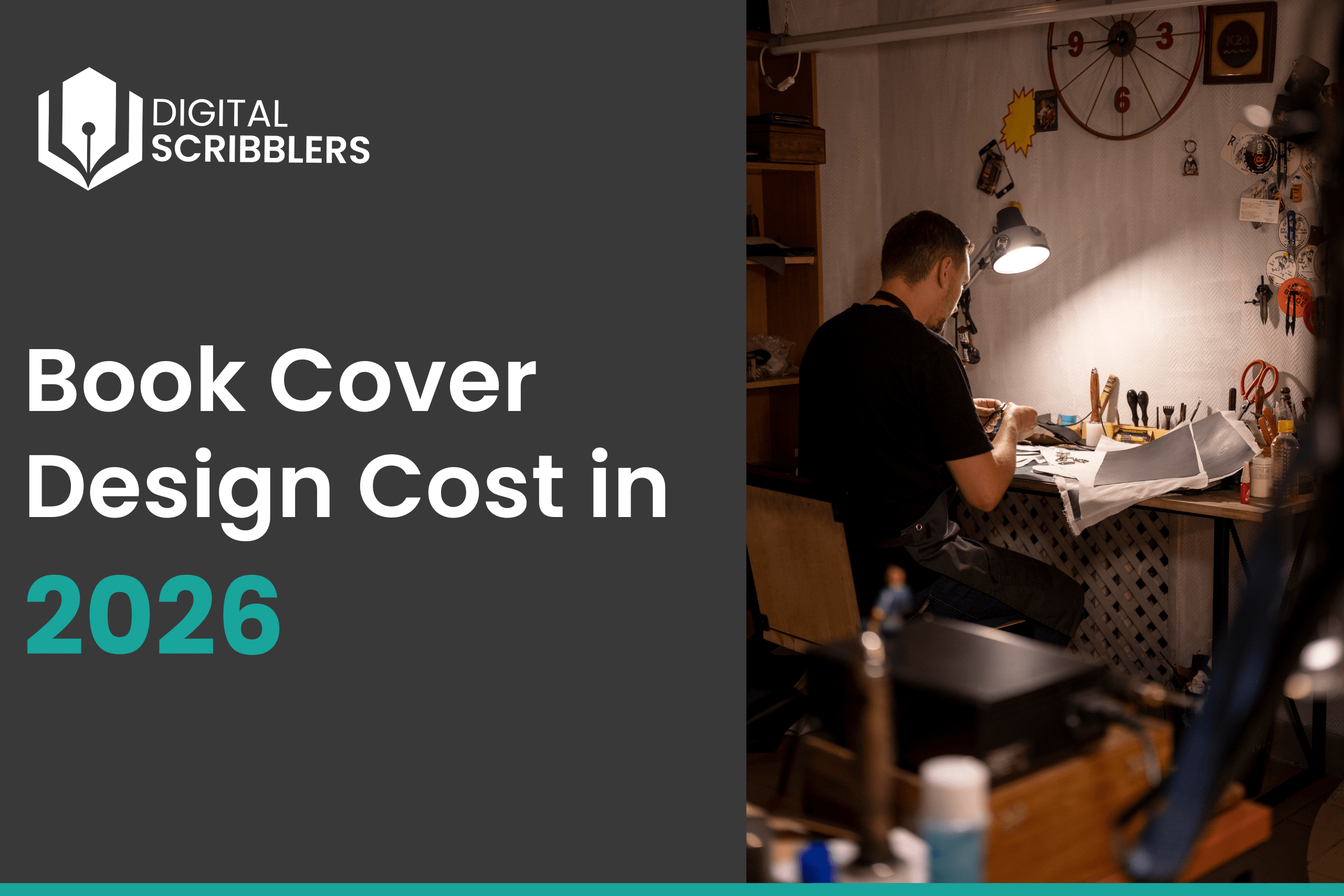 A designer working at a desk under a lamp, creating a book cover design