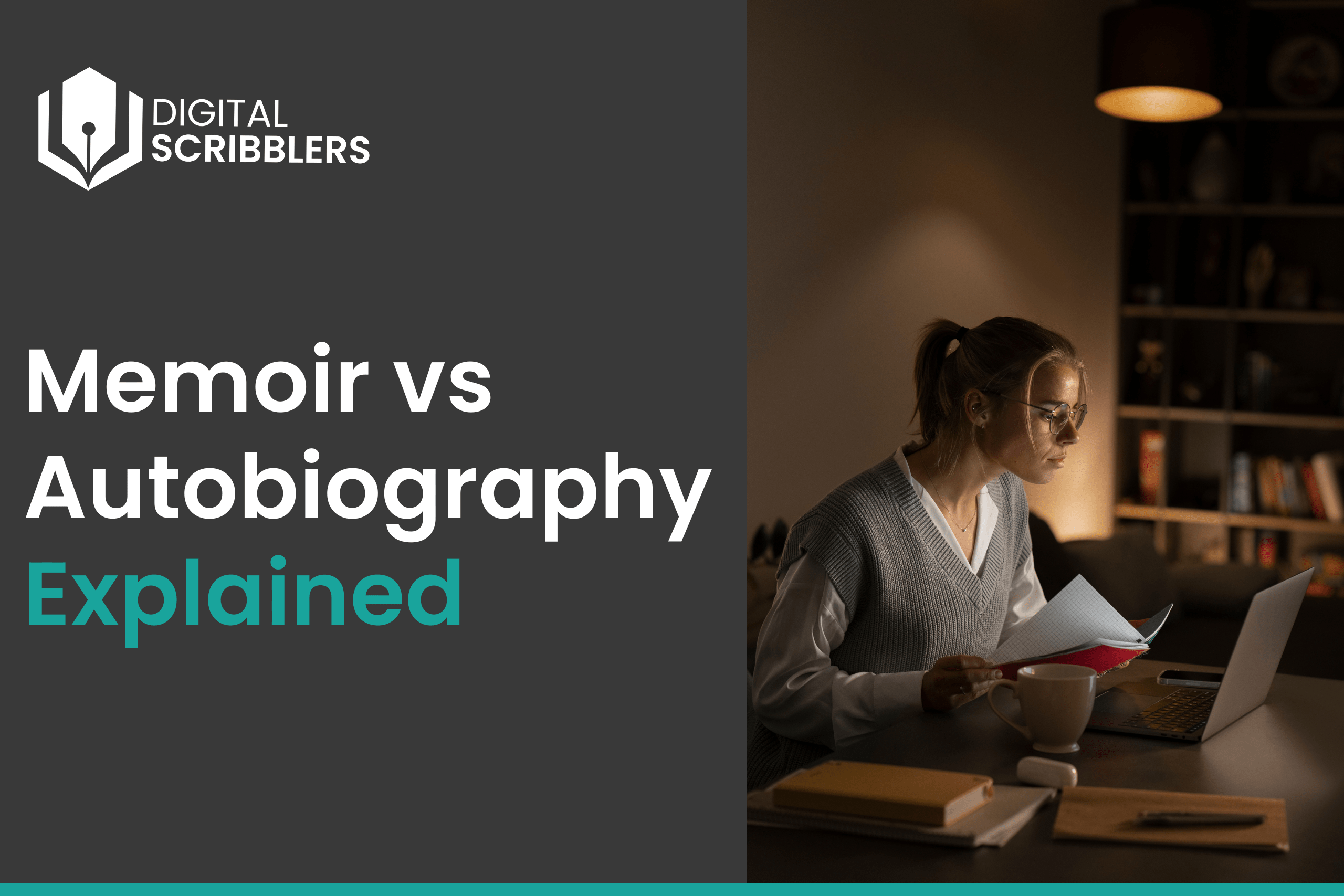 A focused woman sits at a desk with her laptop and notes, reviewing documents while working at night beside a warm desk lamp