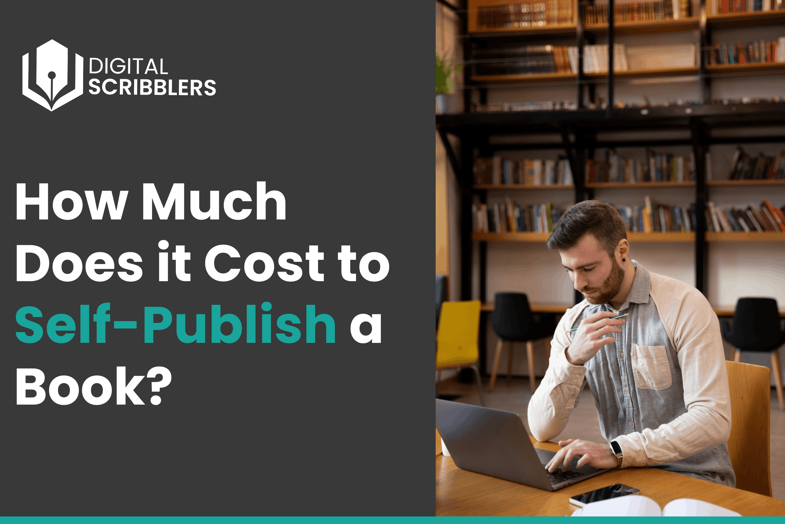 Author in a modern library researching self-publishing costs on a laptop