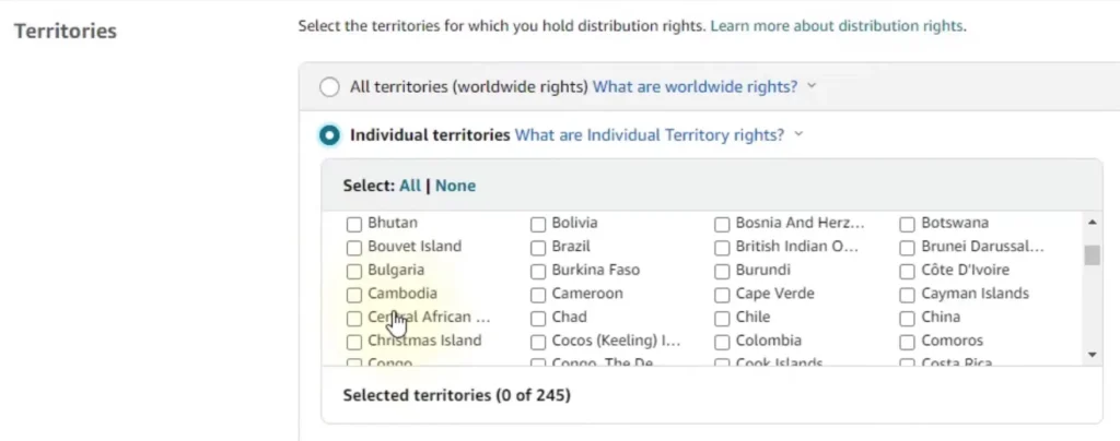 A screenshot of the Territories section in Amazon KDP showing options to select worldwide rights or individual countries.