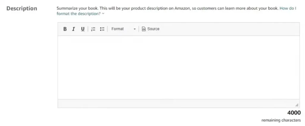 The Amazon KDP book description editor showing the text formatting toolbar and a 4,000-character limit.