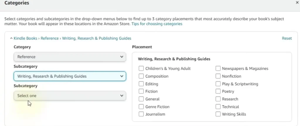 The Amazon KDP category selection window with dropdown menus for Category and Subcategory.