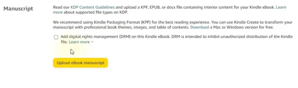The manuscript upload section in Amazon KDP with a yellow "Upload eBook manuscript" button and a DRM checkbox.