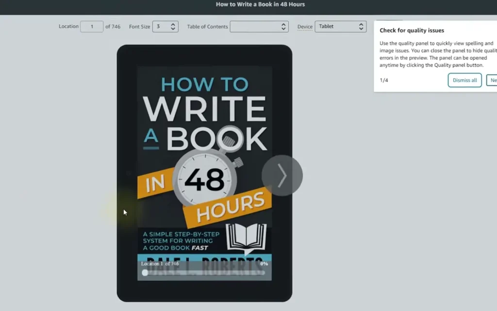 A screenshot of the Kindle Previewer tool showing a book cover on a tablet-style display with formatting options at the top.