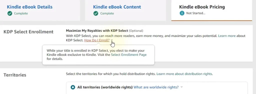The Kindle eBook Pricing page in KDP showing the KDP Select Enrollment section and Territory selection options.
