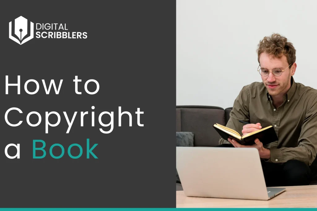A young author taking notes in a notebook while working on a laptop, illustrating the process of copyrighting a book
