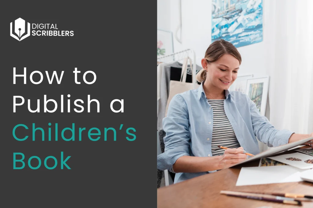 A first-time author working on how to publish a children's book, sketching illustrations at a desk with colored pencils and artwork around her.
