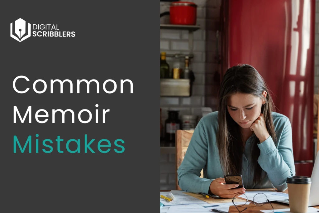 Common memoir mistakes concept showing a writer feeling stuck while working on her manuscript