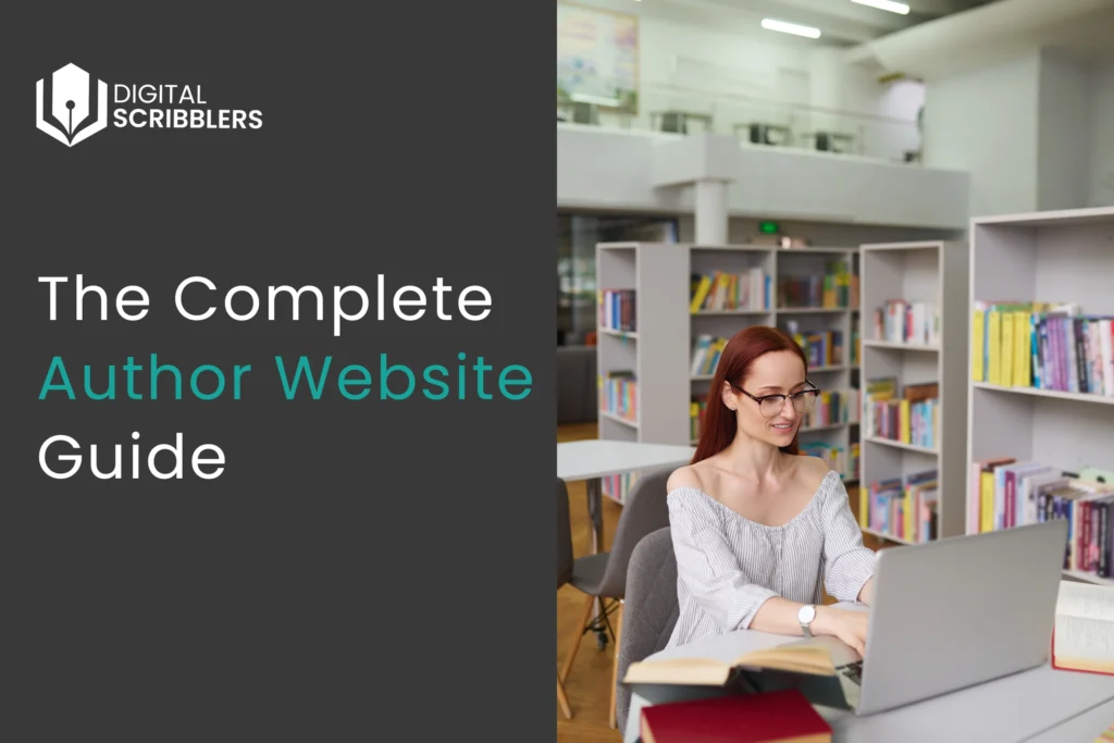 an author working on a laptop in a library while building an author website
