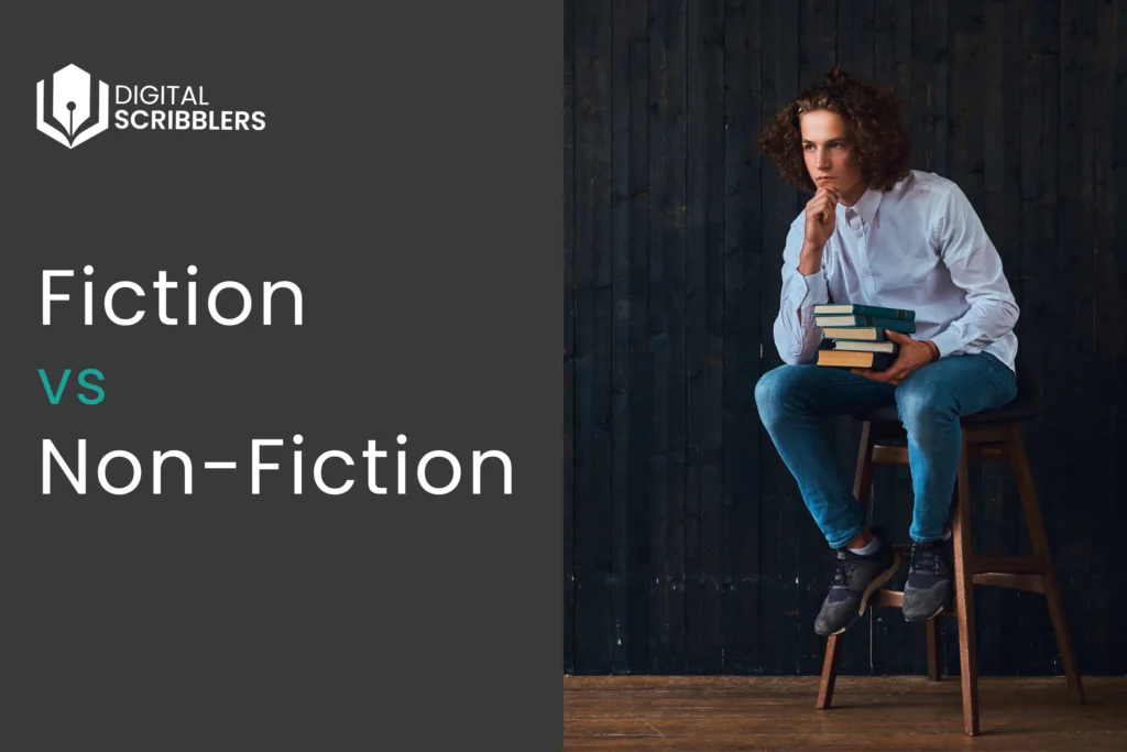Fiction vs non-fiction book comparison featuring a thoughtful reader holding books, illustrating the differences between fictional and factual writing.